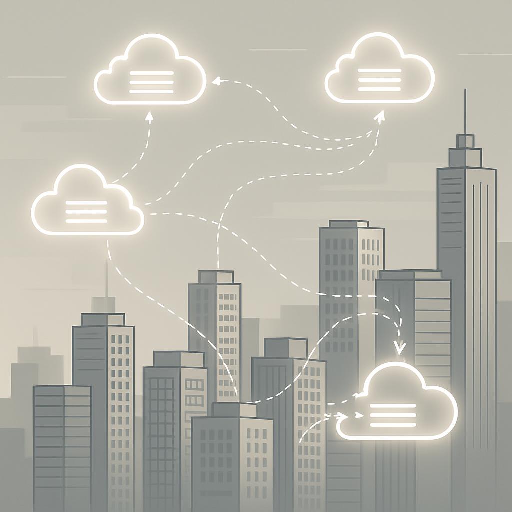An illustration of a cityscape with various clouds and arrows floating above it to represent data transfer in a cloud comp...